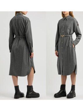 NEW Moncler Grey Wool Blend Midi Shirt Dress, Size IT 40